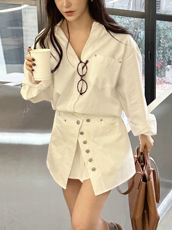 Korean Style A Line Shirt Dress - White Shirt Dress Women's Korean Fashion