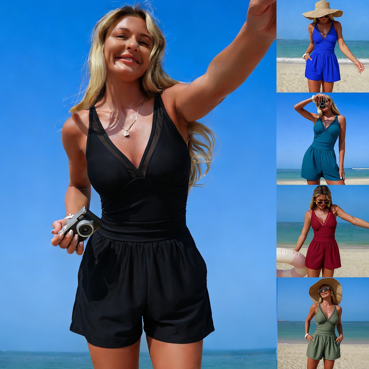 Swimwear - Black Solid Color Sleeveless V Neck