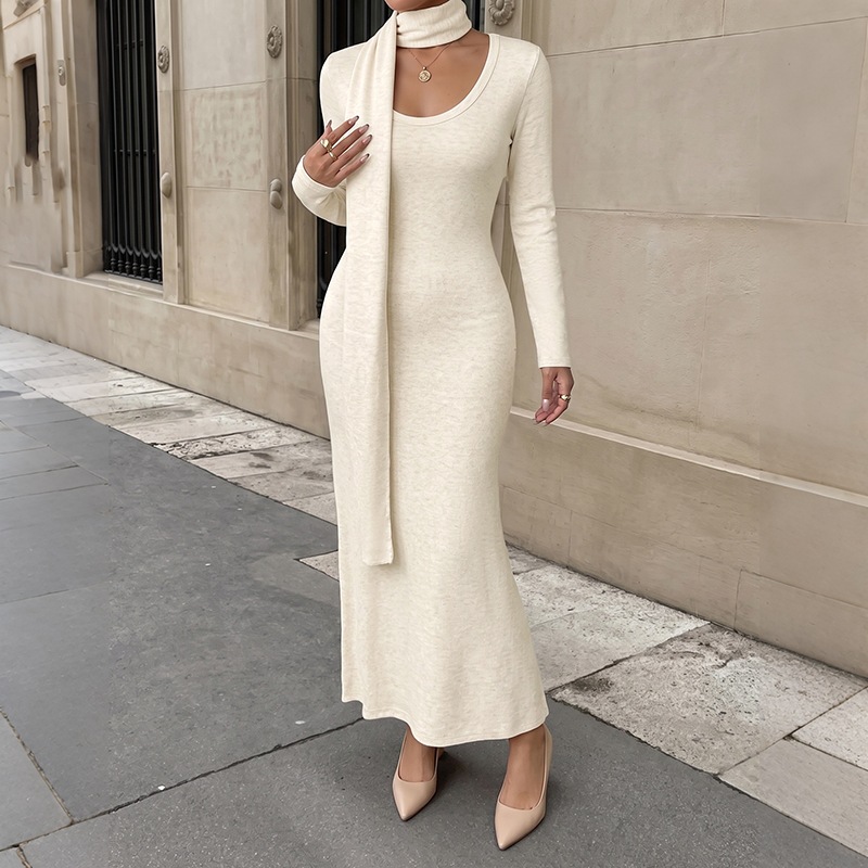 Bodycon Long Sleeve Ribbed Dress - Women Elegant Ribbed Knit Maxi Dress