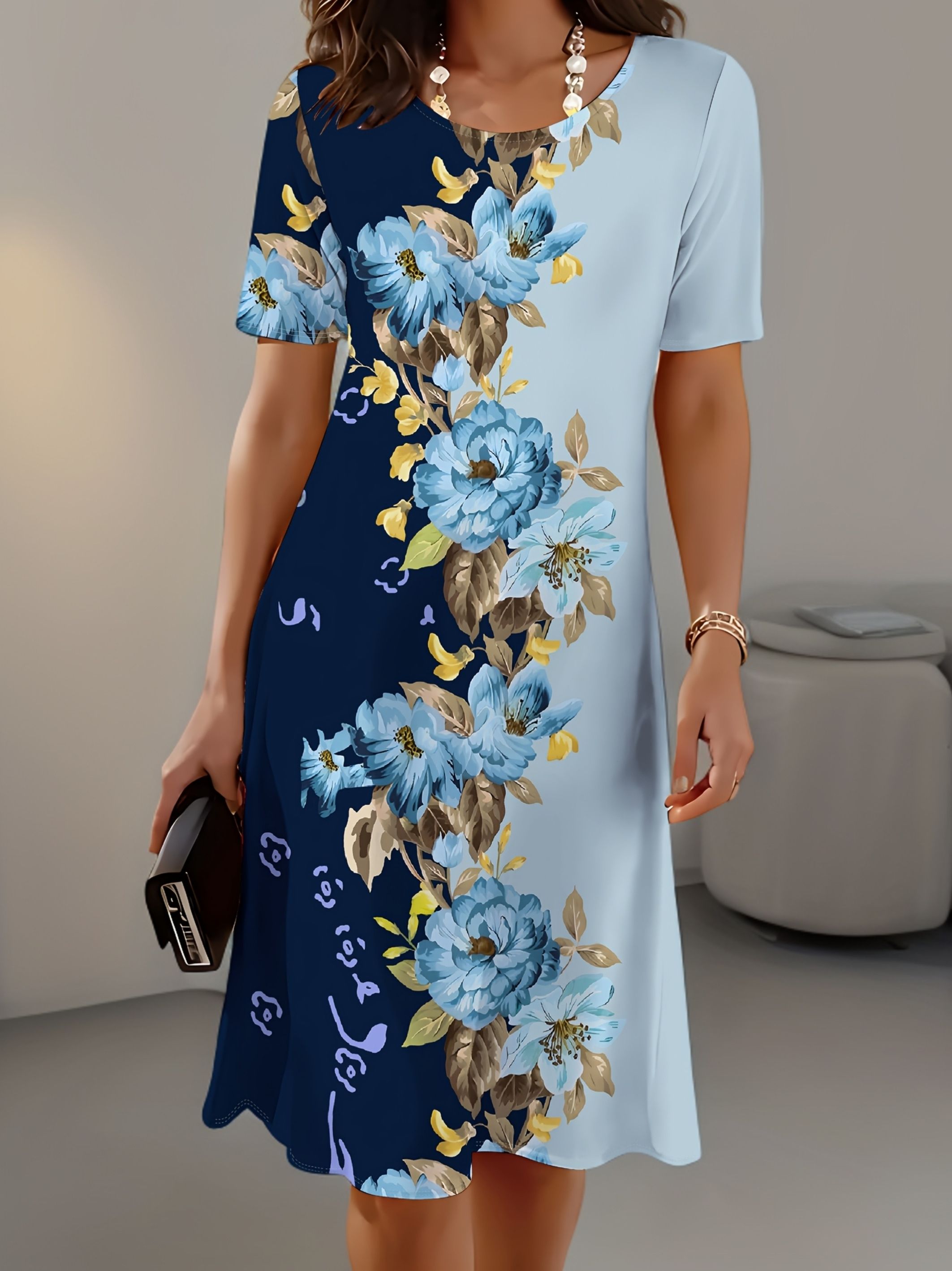New Women Slim Summer 3D Print - đánh giá và giá French Vintage Floral Midi Dress