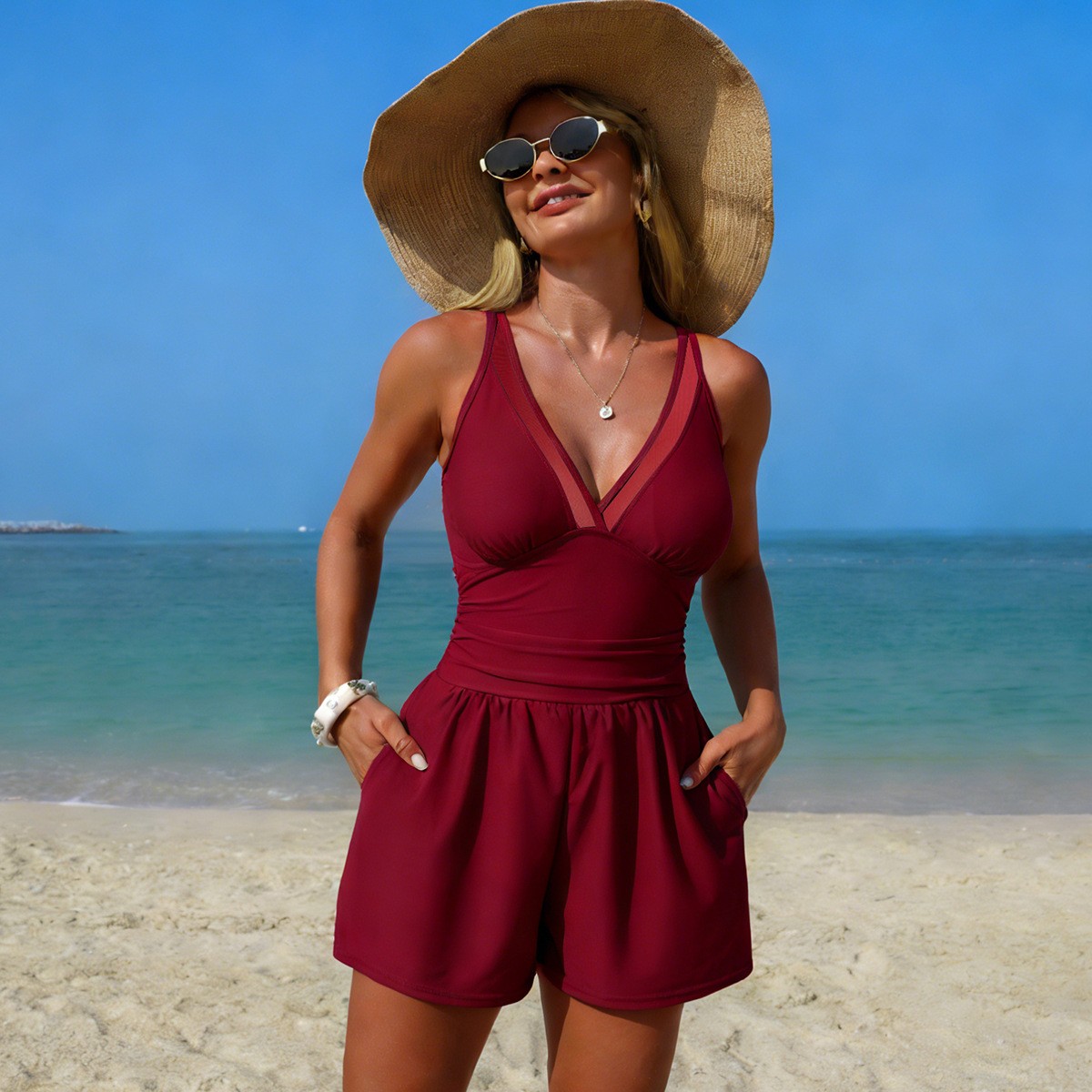 Black Solid Color Sleeveless V - đánh giá và giá Swimwear