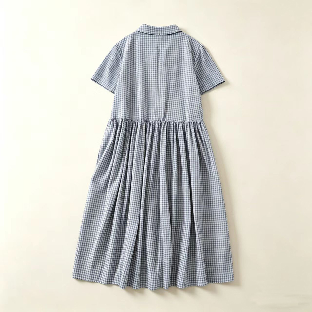 Blue Plaid  Collar Midi Dress  - đánh giá và giá Casual Loose Linen Shirt Dress