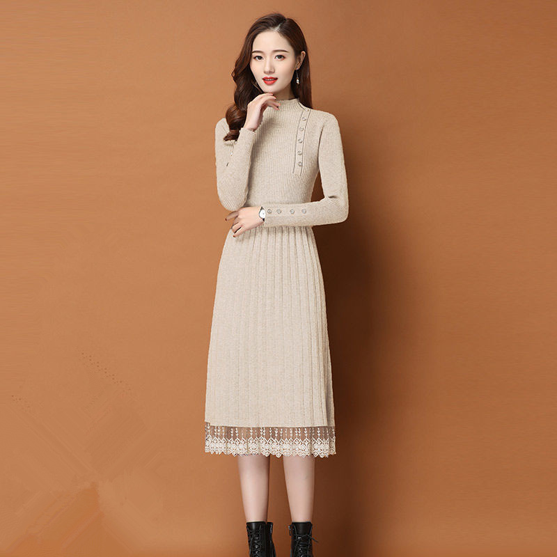Đầm Ren Viền Nút Nữ Thu Đông Á - đánh giá và giá Bodycon Long Sleeve Ribbed Dress