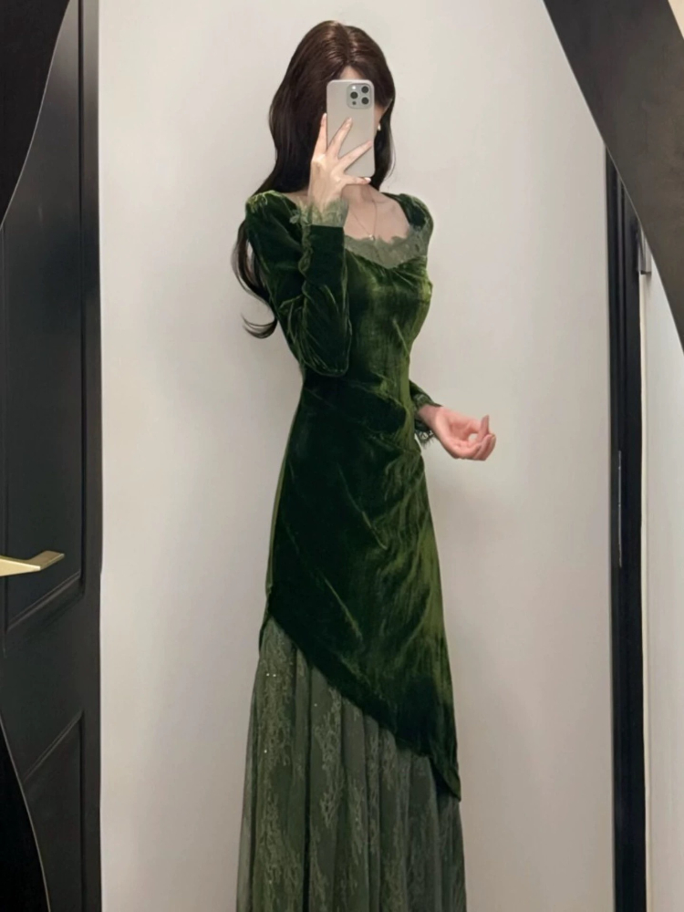 French Vintage Elegant Velvet  - đánh giá và giá French Vintage Floral Midi Dress