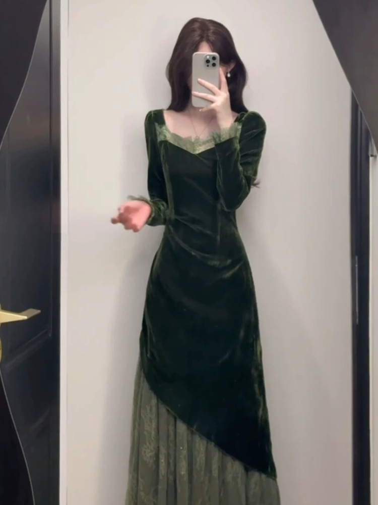 French Vintage Elegant Velvet  - đánh giá và giá French Vintage Floral Midi Dress