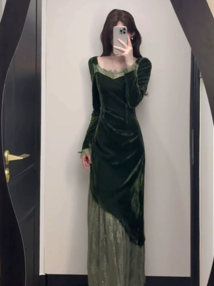 French Vintage Elegant Velvet  - đánh giá và giá French Vintage Floral Midi Dress